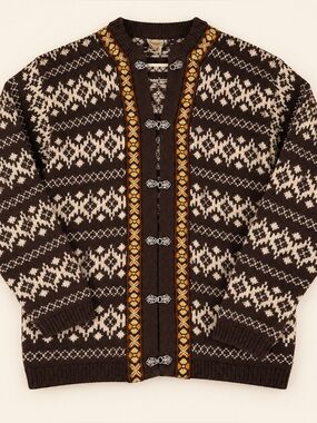 Dirdalstrikk Vintage Norway Wool Cardigan Nordic Fair Isle Pewter Clasp Brown 14